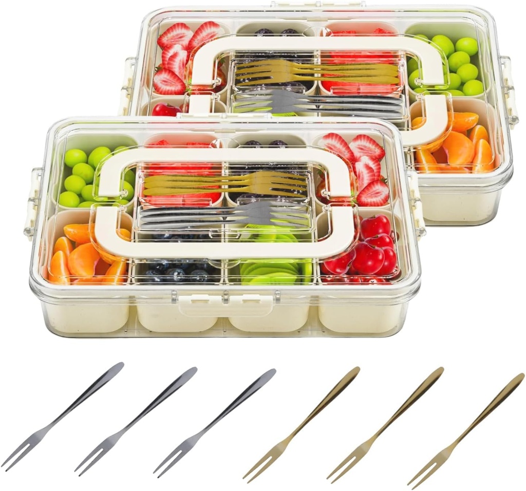 2 Pack Snackle Box Container, Divided Serving Tray with Lid & Handle, Portable Snack Box Food Organizer for Nuts,Candy,Fruits, Snack Platter with 8 Compartments&6 forks for Party, Picnic, Travel
