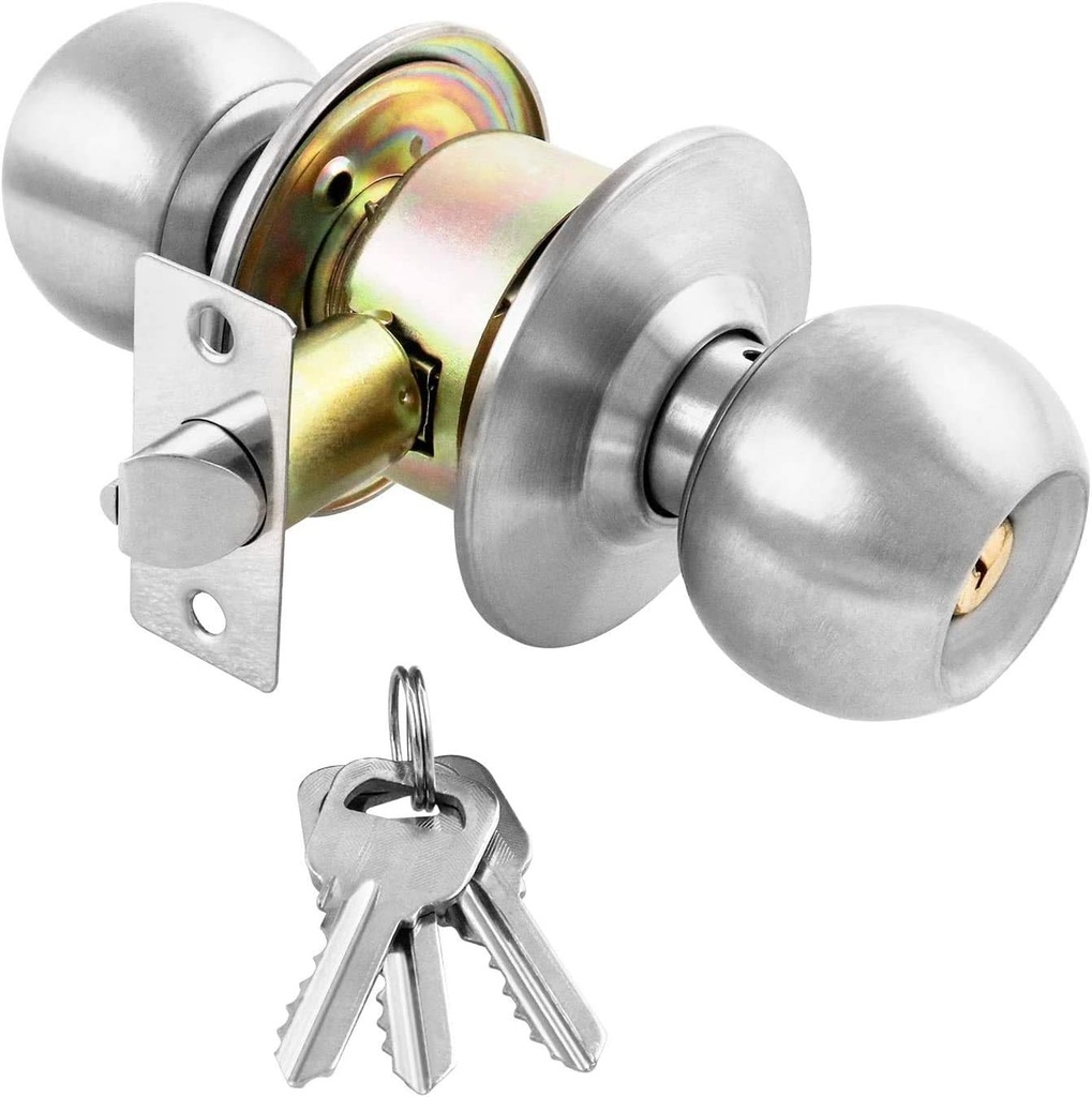 Doors Cylindrical Lock Stainless Steel Round knob Door Cylindrical Lock Tubular Lock Silver Matte Finish Doors with 3 Simple Keys
