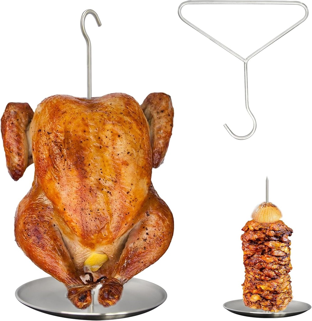 Upgraded Turkey Fryer Stand Kit and Vertical Skewer Set, Thanksgiving Turkey Fryer Accessories Poultry Turkey Hanger Chicken Rack for Grill Stainless Steel (with Lifter Hook)