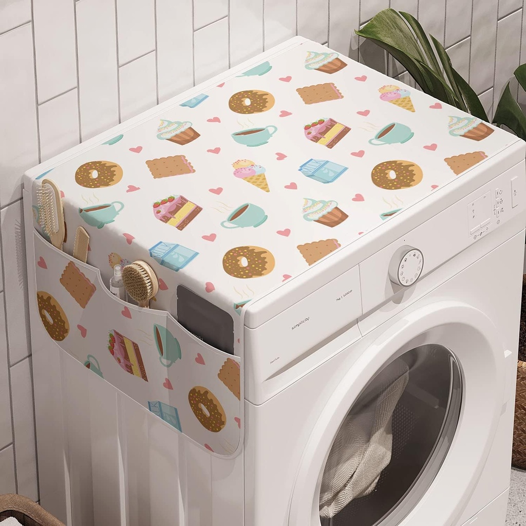 Lunarable Donut Party Washing Machine Organizer, Morning Coffee Sugar Cake Bakery Fresh Smell of Pastry Cakes Ice Cream, Anti-slip Fabric Cover for Washers and Dryers, 47" x 18.5", White Multicolor