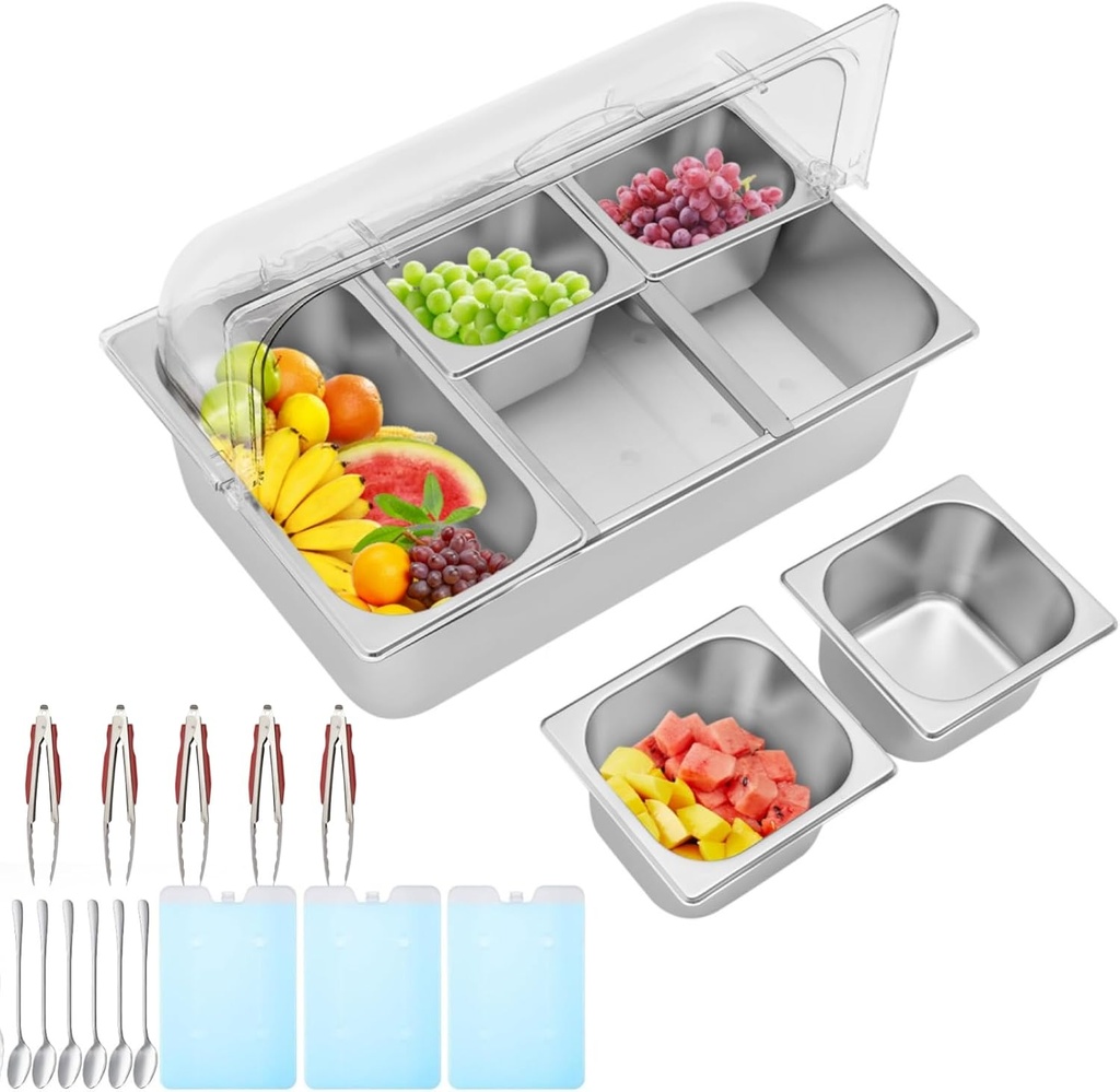 DYRABREST Countertop Ice Food Serving Display Container, 5 Compartments Condiment Dispenser with Lid, Pans, Clamps, Spoons and Ice Packs, Condiment Tray with Ice Chamber for Buffet Restaurant Kitchen