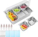 DYRABREST Countertop Ice Food Serving Display Container, 5 Compartments Condiment Dispenser with Lid, Pans, Clamps, Spoons and Ice Packs, Condiment Tray with Ice Chamber for Buffet Restaurant Kitchen
