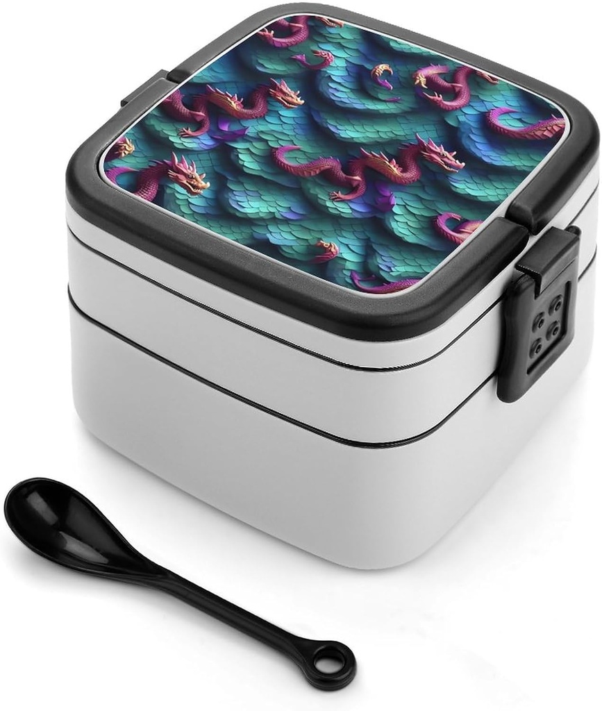 3D Magical Dragon Scales Bento Box for Adults Double Layer Lunch Box with Spoon And Invisible Handle Microwave Dishwasher Safe Leak Proof Meal Prep Lunch Containers for Office Picnic
