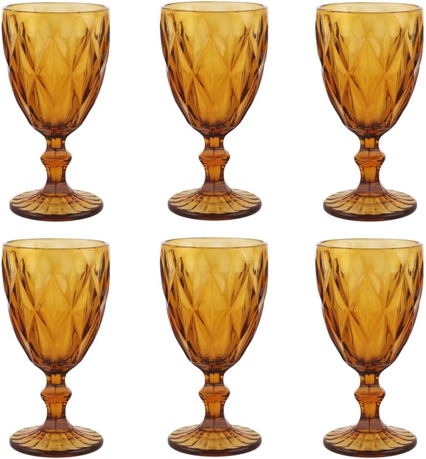 Pure Amber Wine Glasses 6Pcs a Set Solid Colors Glass Goblets Colorful Dishwasher Safe Colored Glassware With An Embossed Vintage Never Fade Colored Goblets Pattern Like Crystal (Glass, Amber)