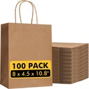 Brown Paper Bags with Handles Bulk 100Pcs 8x4.5x10.8 Inch Gift Bags Bulk, Brown Kraft Paper Bags for Retail, Party, Shopping, Favor