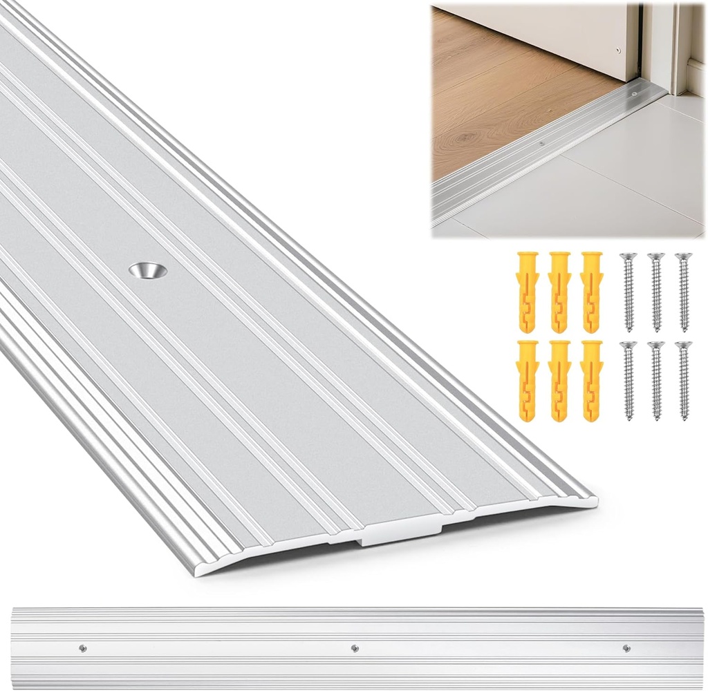 Aluminum Door Threshold - 36" L x 3" W 2PCS Exterior Door Threshold with Pre Drilled Holes and Expansion Screws, Non-Slip Fluted Saddle Threshold Flat Profile Threshold, Prevent Dust & Airflow
