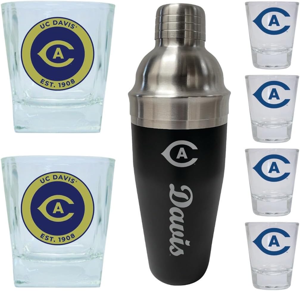R and R Imports UC Davis Aggies Officially Licensed Collegiate Barware Set – 7-Piece Cocktail & Whiskey Glass Gift Pack