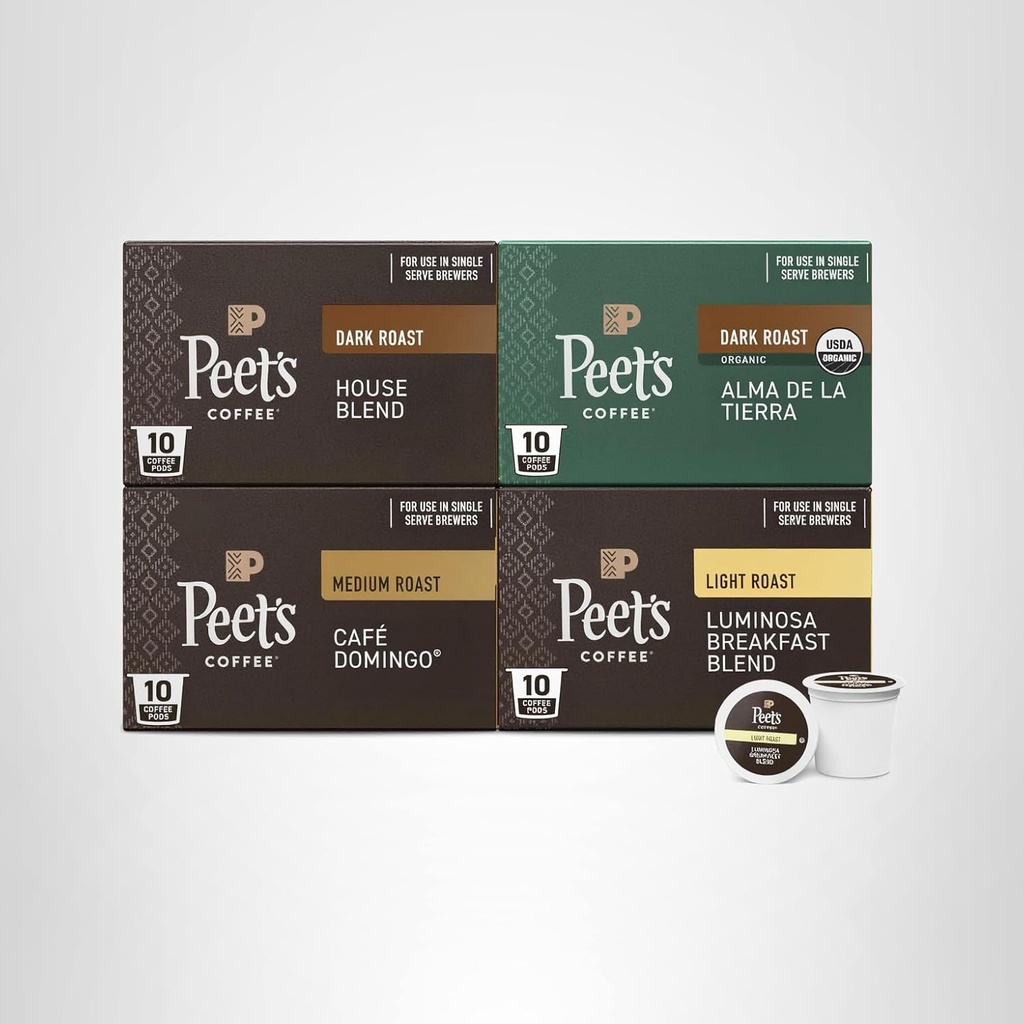 Peet's Coffee, Single Serve Coffee Pods Variety Pack - Luminosa Breakfast Blend, Café Domingo, Organic Alma De La Tierra, House Blend, 40 Count (4 Boxes of 10 Pods)