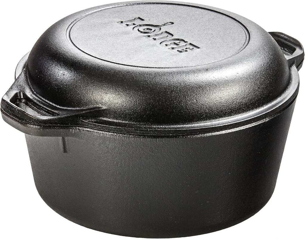 Lodge 5 Quart Cast Iron Double Dutch Oven – Pre-Seasoned – Lid Converts to 10.25" Skillet – PFAS-Free – Made in USA – Dual Handles – Oven, Grill, Campfire & Stovetop Safe – Durable & Non-Toxic