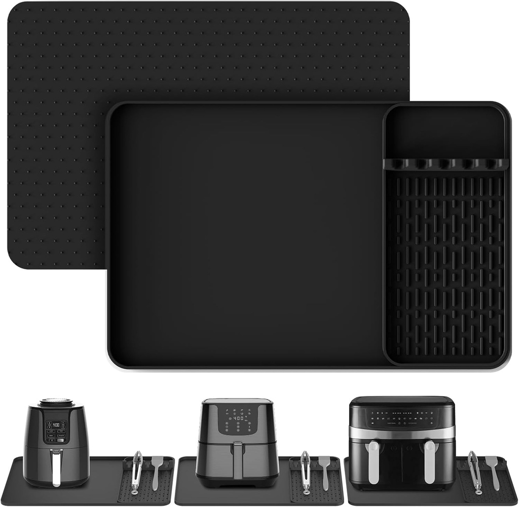 Silicone Heat Resistant Mats for Countertop,24x16 Inch Air Fryer Mat with Kitchen Accessories Holder Pad for Microwave/Oven,Compatible with Ninja/Cosori/Chefman/Toshiba,Kitchen Countertop Protector