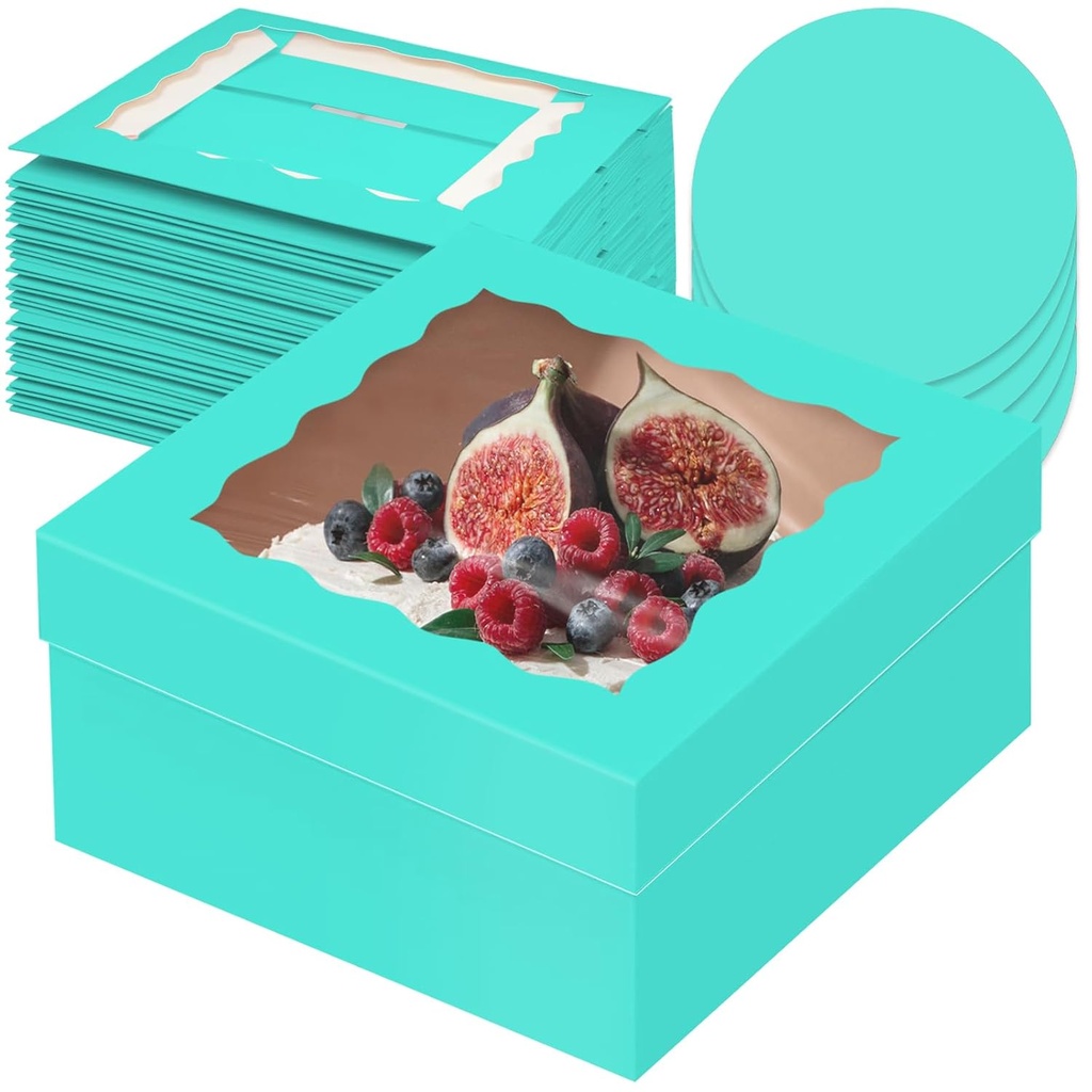 qiqee 12x12x6 Cake Box, 18 Sets Mint Blue Cake Box with Window ＆ 18 Sets 12" Mint Blue Cake Round Boards, 12inch Cake Containers