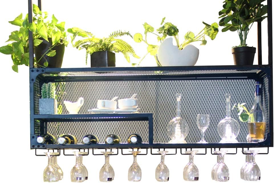 LUNEZY Ceiling Hanging Mounted Wine Rack | Suspended Wine Glass Holder Metal Hanging Rack | Cube Wine Bottle Holder Goblet Stemware Shelf for Kitchen Bar or Wine Cellar (Black)