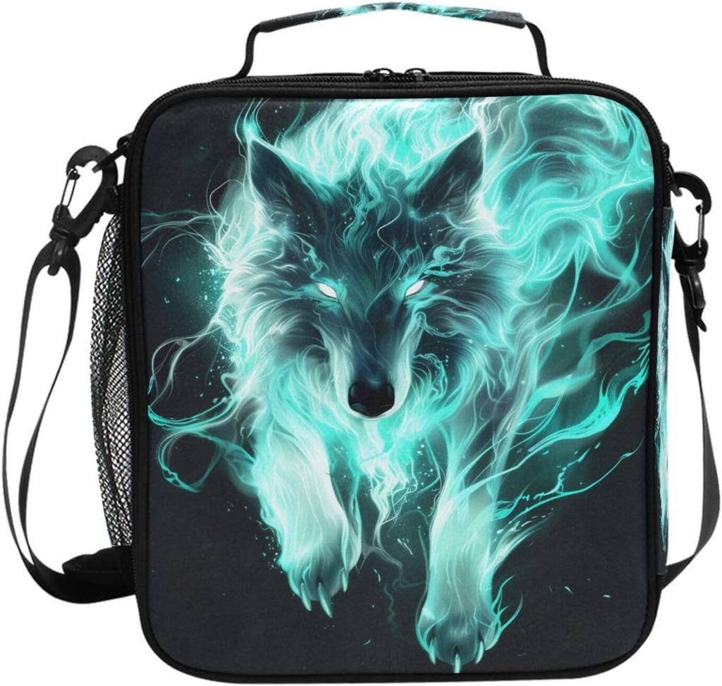 White Green Wolf Lightning Fire Lunch Box for Girls Boys Insulated Lunch Bag with Adjustable Shoulder Strap Kids Children Thermal Lunchbox Tote Bags Cooler School Office Picnic