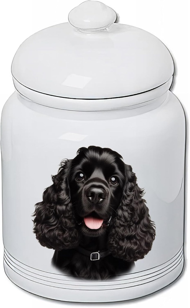 Best of Breed Cocker Spaniel Black Dog and Cat Ceramic Treat Jar 9" Tall Air Tight Seal All White