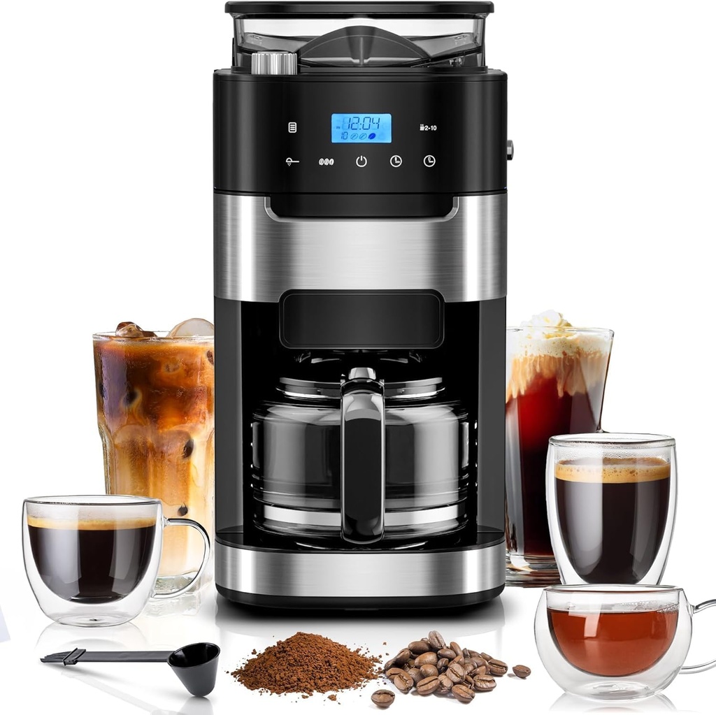 Kismile 10-Cup Digital Drip Coffee Maker with Built-In Grinder, Programmable, 12-Hour Timer, Keep-Warm Function, 1.5L Water Tank, Combo Brewer and Grinder for Home/Office Use