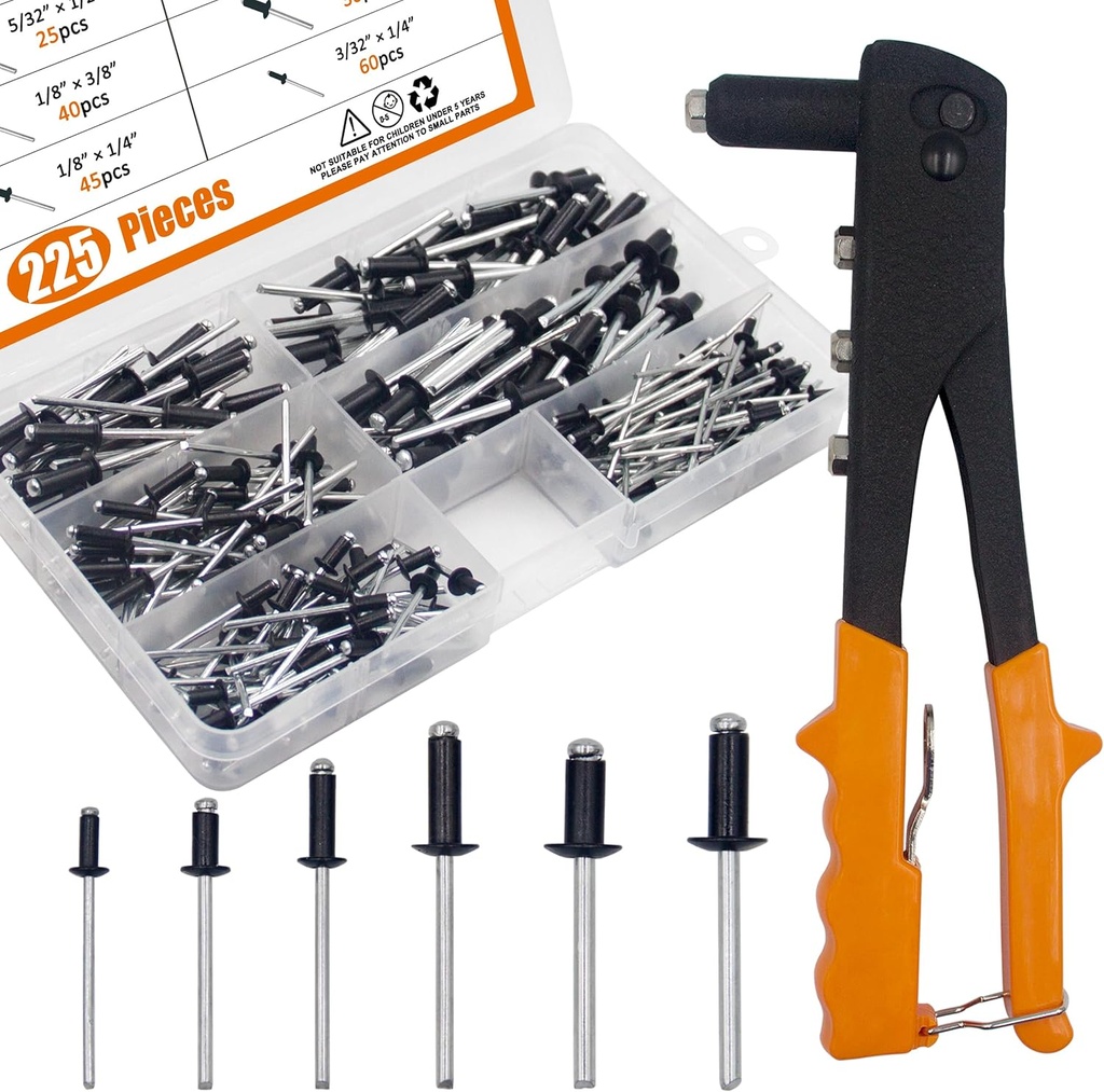 ISPINNER 225pcs Black Aluminum Blind Rivets Assortment Kit with Heavy Duty Hand Riveter Rivet Gun Tool, 6 Sizes Pop Rivets with Divider & Labeled Case