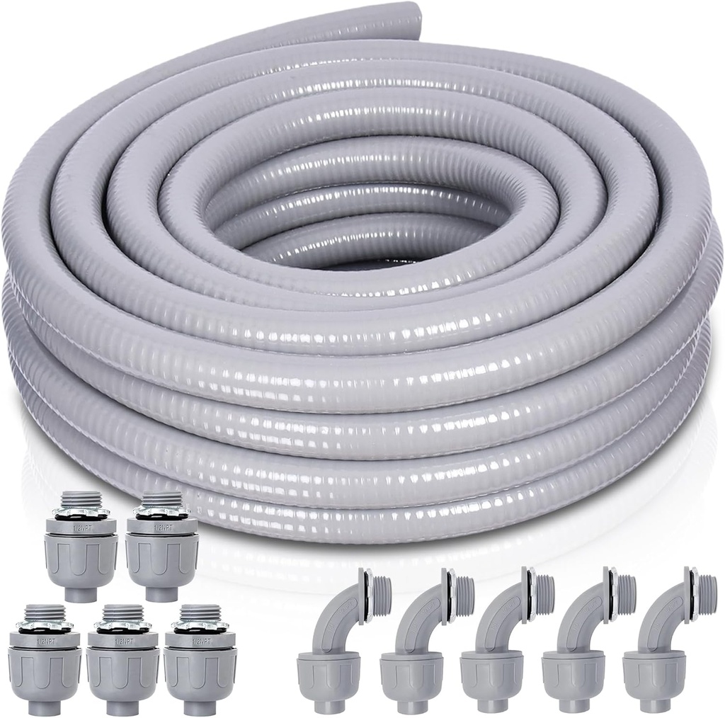 Liquid-Tight Conduit and Connector Kit - 3/4 Inch 25 FT Non Metallic Liquid Tight Electrical Conduit with 5 Straight and 5 Angle Fittings