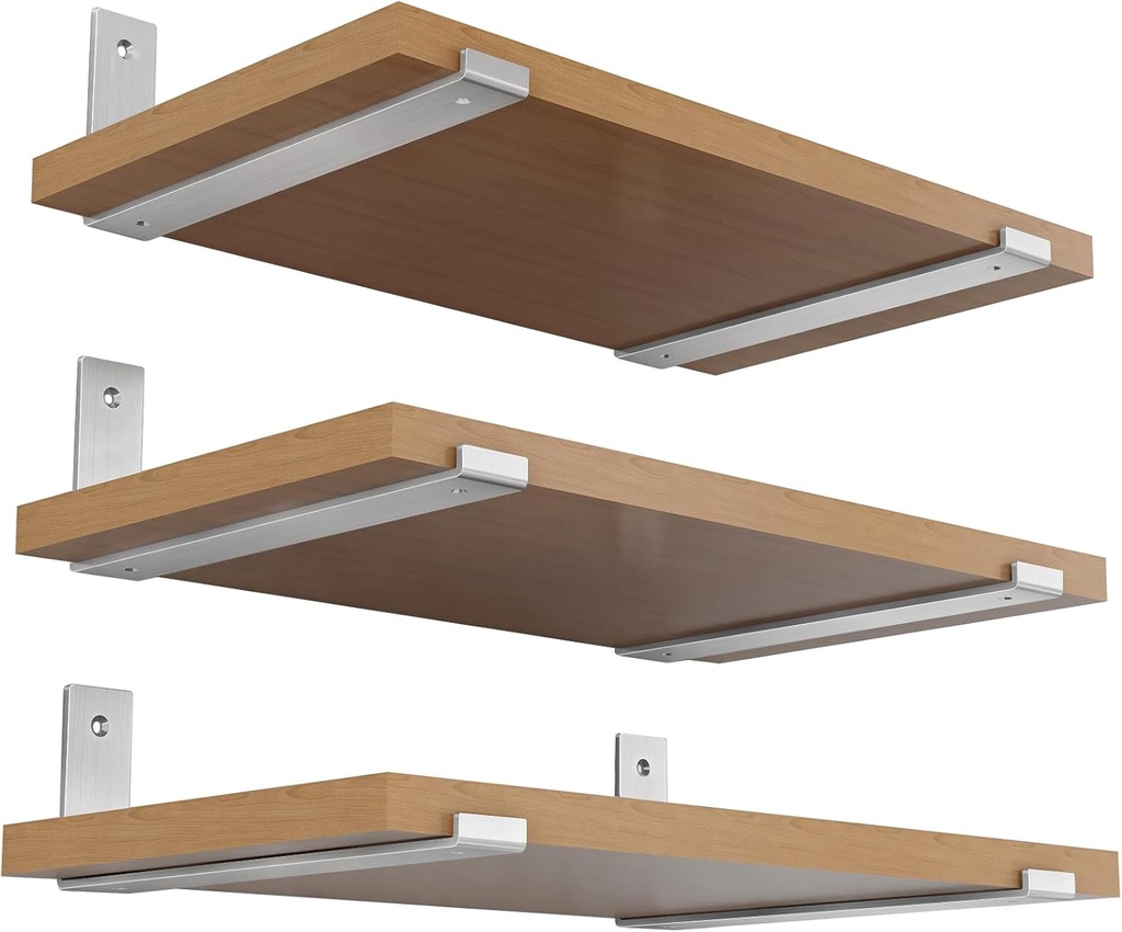 Floating Shelf Bracket 8 inch - Shelf Brackets Stainless Steel Solid J Lip Bracket for Wall, Kitchen, Nursery, Fireplace Mantel, Bookshelves, Bar Wall Shelves 6 Pack