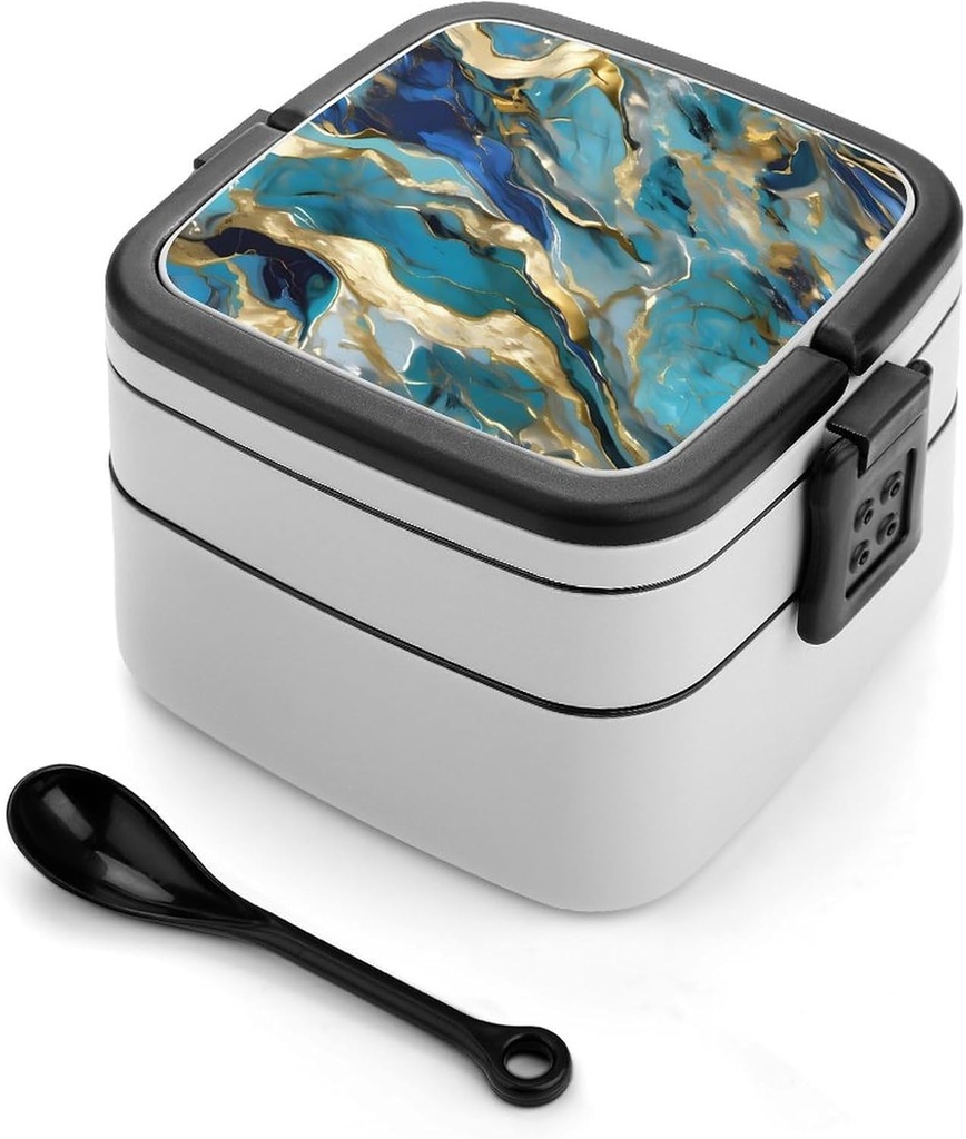 Azurite Teal And Foil Gold Oil Marble Pattern Bento Box for Adults Double Layer Lunch Box with Spoon And Invisible Handle Microwave Dishwasher Safe Leak Proof Meal Prep Lunch Containers for Office Pic