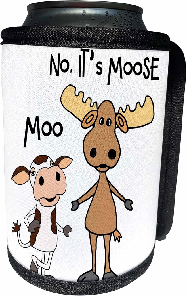 Can Cooler Bottle Wrap - Funny Cute Cow saying Moo to Moose Pun Satire Funny