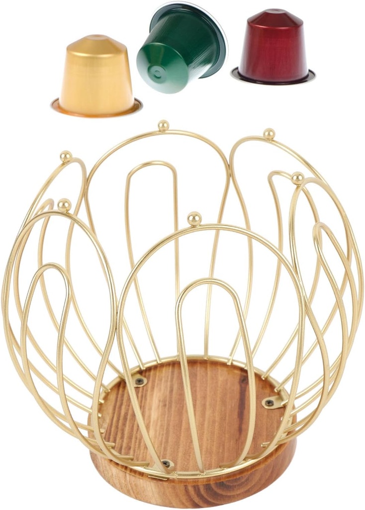 Metal Coffee Pod Storage Organizer, K Cup Holder Organizer, Sturdy Coffee Pod Holder with Wooden Base, Gold Wire Coffee Capsule Holder, Large Capacity Storage Basket