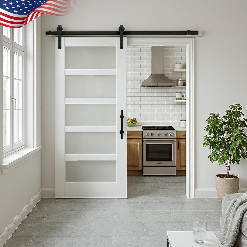 S&Z TOPHAND® 36 in x 84 in Glass Sliding MDF Barn Door with 6.6FT Sliding Door Hardware Kit, 5 Tempered Frosted Glass, Slab Inside Covered with Water-Proof PVC Surface, Simple DIY Assembly