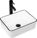 Ceramic Rectangular Bathroom Vessel Sink, 16'' x 12'' Above Counter Porcelain Small Sink with Faucet Combo, White Body with Black Trim on The Top