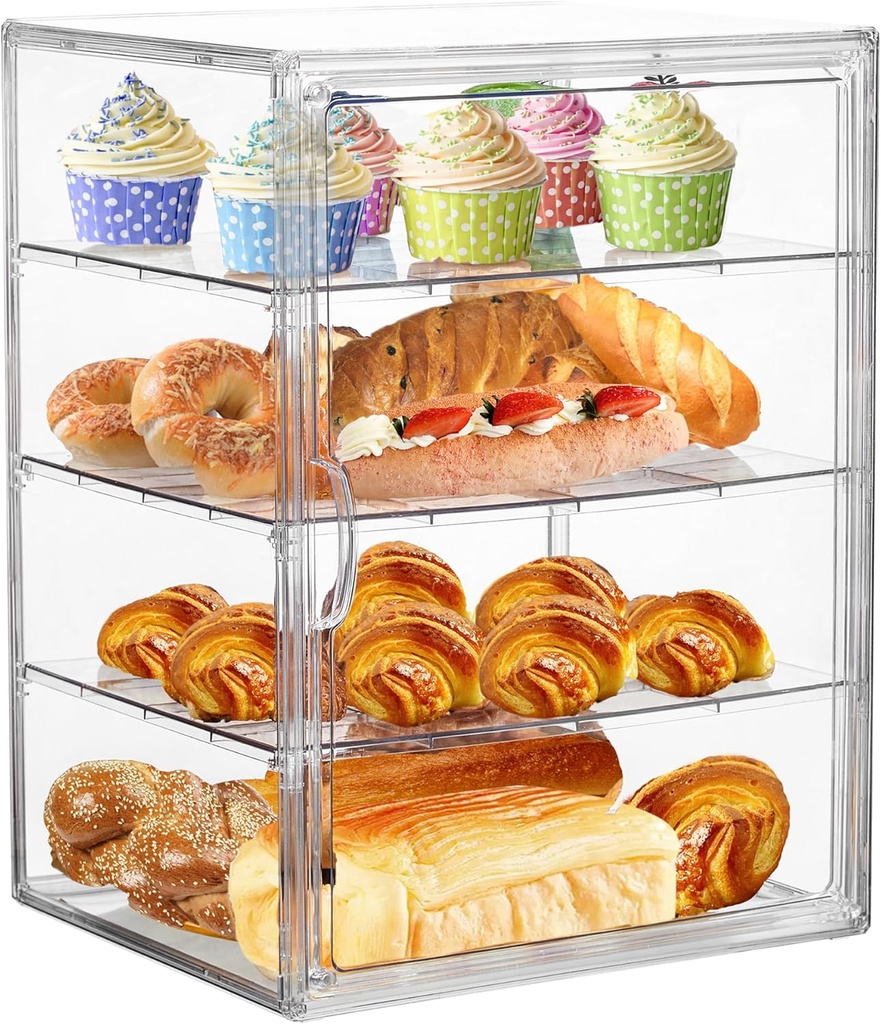 Bread Box for Kitchen Countertop Pastry Display Case 4 Layers Adjustable Clear Bread Storage Container with Magnetic Door Bread Box Bakery Display Case Bread Holder