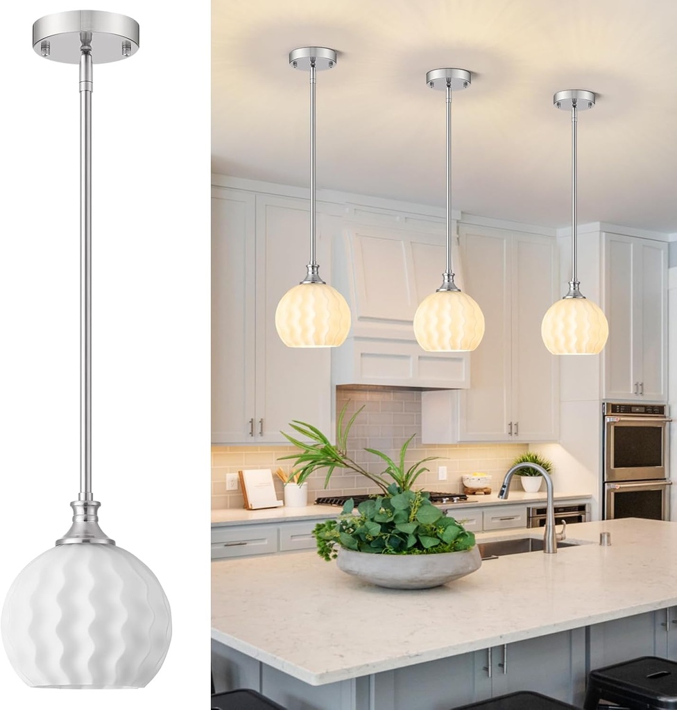 Brushed Nickel Pendant Lights Kitchen Island, 1-Light 7.3" Modern Milk Glass Pendant Light Fixtures with Rods, Globe Hanging Lighting for Kitchen Sink Bathroom Dining Room, E26 Base