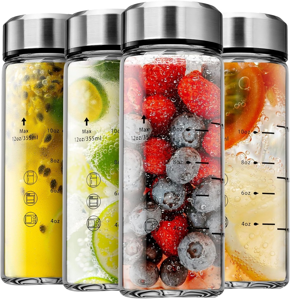 SIEROZUR Glass Juice Bottles 12oz- 4 Pack Wide Mouth Glass Bottles with Lids for Juicing Smoothies, Infused Water, Beverage Storage - BPA Free, Leakproof, Reusable, Borosilicate