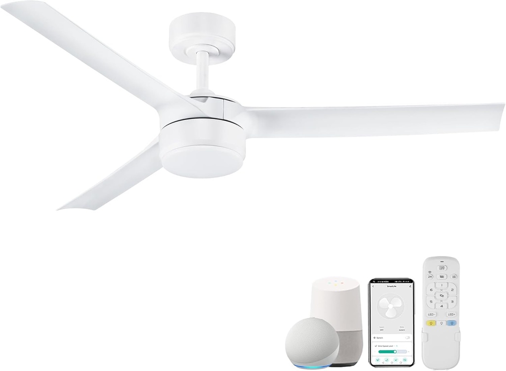 cumilo 52 inch Smart Ceiling Fans with Light and Remote Control, Dimmable,6 Reversible Speed, Low Profile Ceiling Fan Compatible with Alexa WIFI APP,Modern White Ceiling Fan for Bedroom Patio