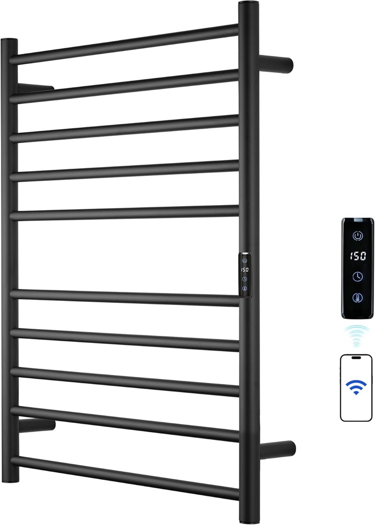 Electric Towel Rack with Voice Control for Alexa & Google Home,TUYA-Wall-Mounted Bathroom Heating Towel Warmer,Stainless Steel Material,31.5x20.08x4.41in,Plug-in,Black,10 Bars