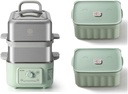 BUYDEEM G52 10.6 Quart Electric Food Steamer Bundle with Two Ceramic Food Storage Container Cozy Greenish 28 oz