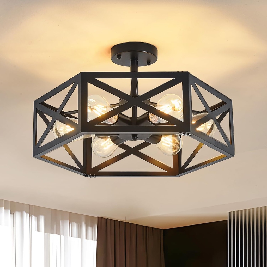 Modern Semi Flush Mount Ceiling Light,19.7" 6-Light Hexagon Flush Mount Ceiling Lights for Dining Room Light Fixture,Farmhouse Black Metal Kitchen Island Lighting Fixtures for Hallway,Bathroom
