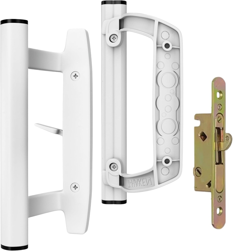 Aluminum Handle Replacement Set for Sliding Glass Doors – Includes Mortise Lock, Compatible with 3-15/16 in. Hole Spacing (WHITE + Mortise Lock)