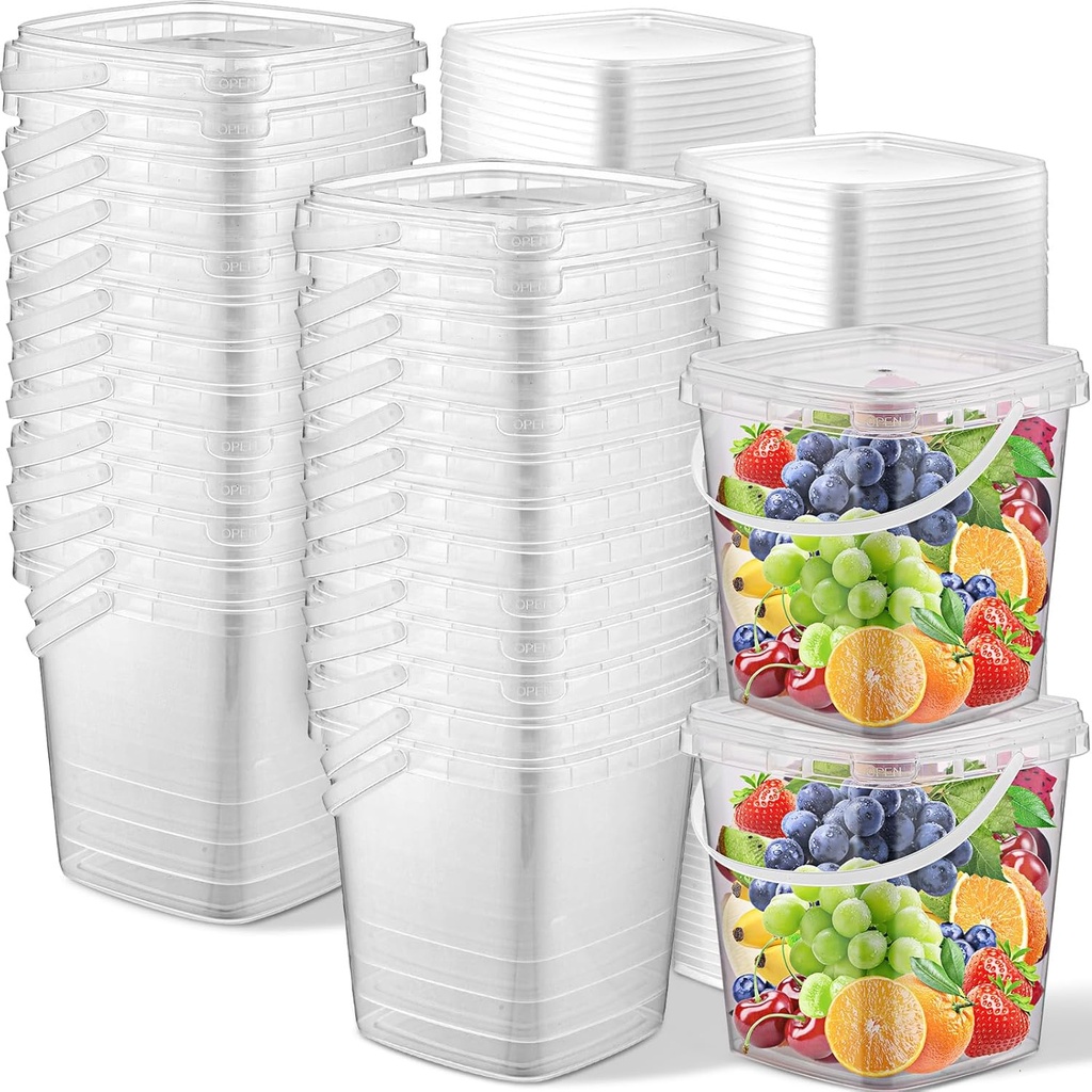 Huwena 30 Pcs 32 oz Deli Containers with Lids and Handles Square Plastic Food Storage Containers Clear Space Saver Restaurant Stackable Containers for Meal Food Prep Kitchen Party Supplies