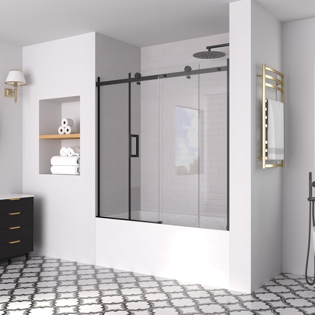 56-60" W x 58" H Frameless Bathtub Sliding Doors, Glass Shower Door for Tub with 5/16" (8mm) Clear SGCC Tempered Glass, Matte Black Finish Shower Doors, Reversible Installation