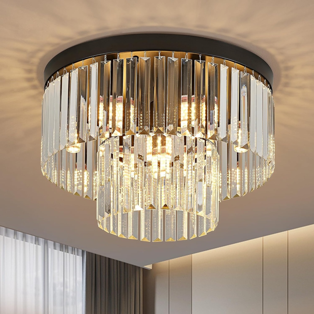 17" Black Crystal Ceiling Light 9-Light Modern Crystal Light Fixture 2-Tier Luxury K9 Crystal Ceiling Light,for Dining Room Kitchen Island Living Room Bedroom