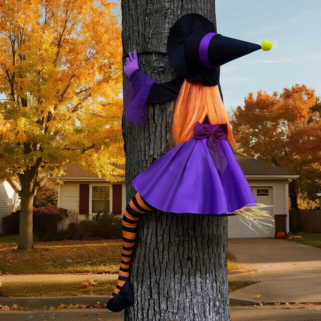 JOYIN 56'' Crashing Witch Halloween Tree Decorations Outdoor, Flying Witch on Broom Hanging Decorations for Yard, Porch, Door, Lawn, Haunted House Prop