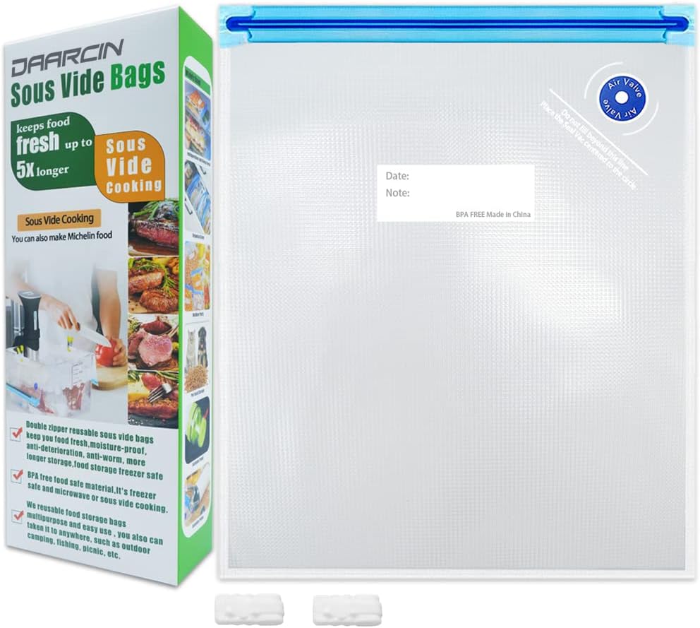 Large Sous Vide Bags,15pcs10.2x13.4in/26 * 34cm BPA Free Reusable Vacuum Sealer Bag,Keep Food Fresh, with 2 Sealing Clips