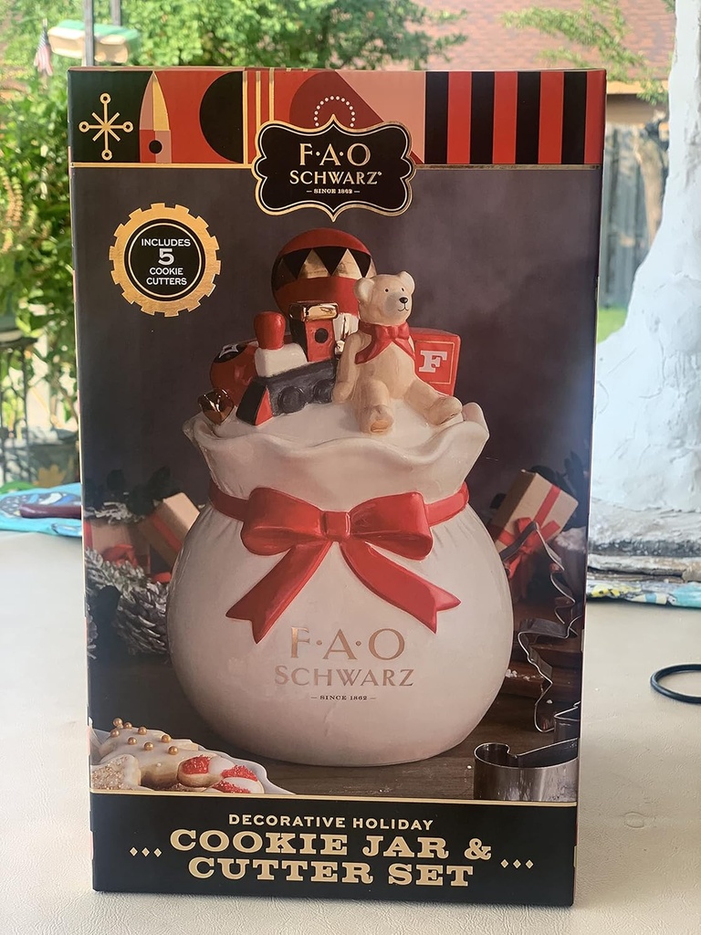 FAO Schwarz Decorative Holiday Cookie Jar & Cutter Set (Includes 5 Cookie Cutters)