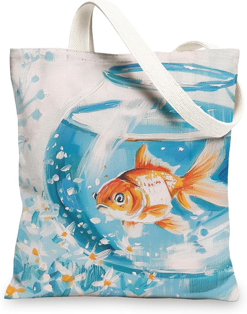 Fishes Canvas Tote Bags, Artistic Fish Bowl Design Eco-Friendly Shopping Bags, Cute Nautical Lightweight Washable Shoulder