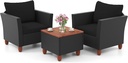 ORALNER 3 Pieces Patio Furniture Set, Outdoor Wicker Conversation Chairs with Cushion, Acacia Coffee Table, Rattan Bistro Set for Balcony Garden Backyard Front Porch Poolside (Black)