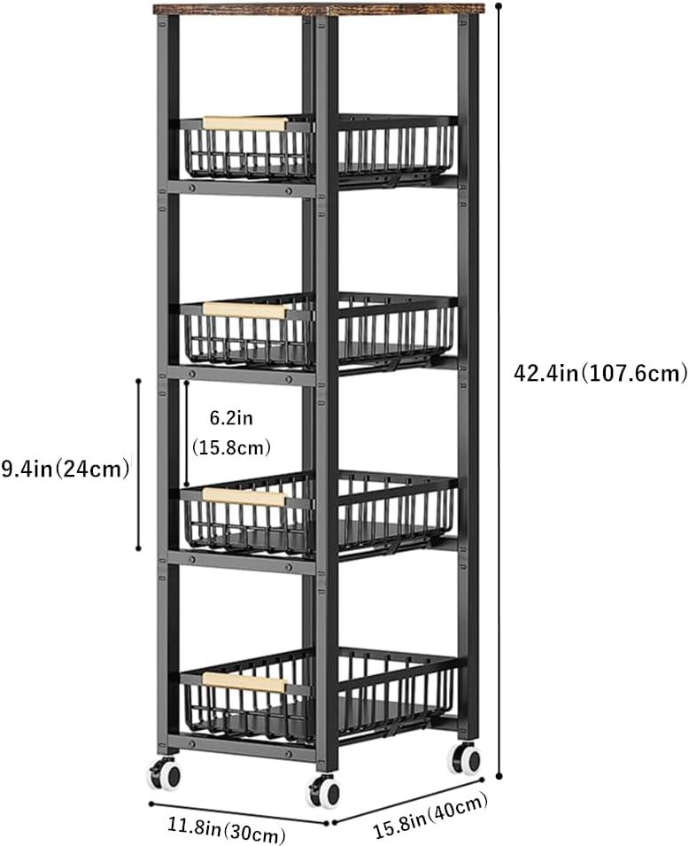 CarolynDesign Metal Wire Baskets with Wheels, Kitchen Storage Stackable Vegetable Fruit Cart Bins with Pull Out Wooden Handel Mat Bottom Sliding Dawers, for Bathroom, Garage and Pantry
