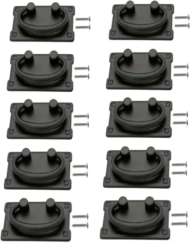 Mission Style Drawer Pulls with Backplate - Set of 10 | Black Metal Cabinet Door and Furniture Drawer Pulls | 3-Inch Center | Rustic and Flat Design Dresser | Farmhouse Furniture Replacement Handles