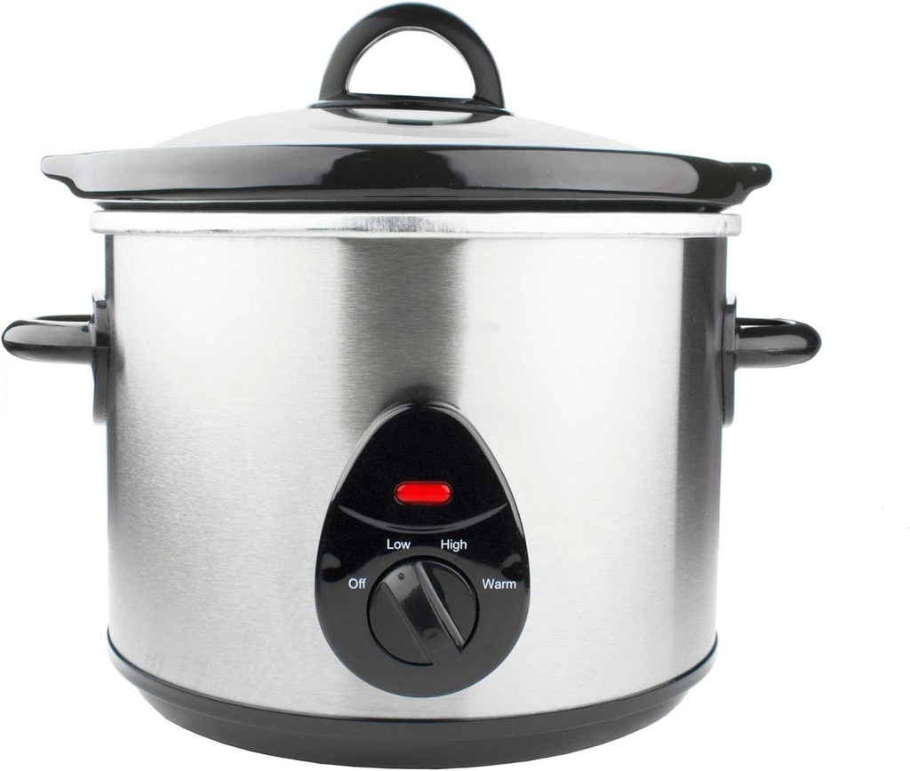3 Quart Stainless Steel Slow Cooker with Removable Ceramic Pot – Crock Pot with 3 Heat Settings, Glass Lid, and Cool-Touch Handles for Family Meals