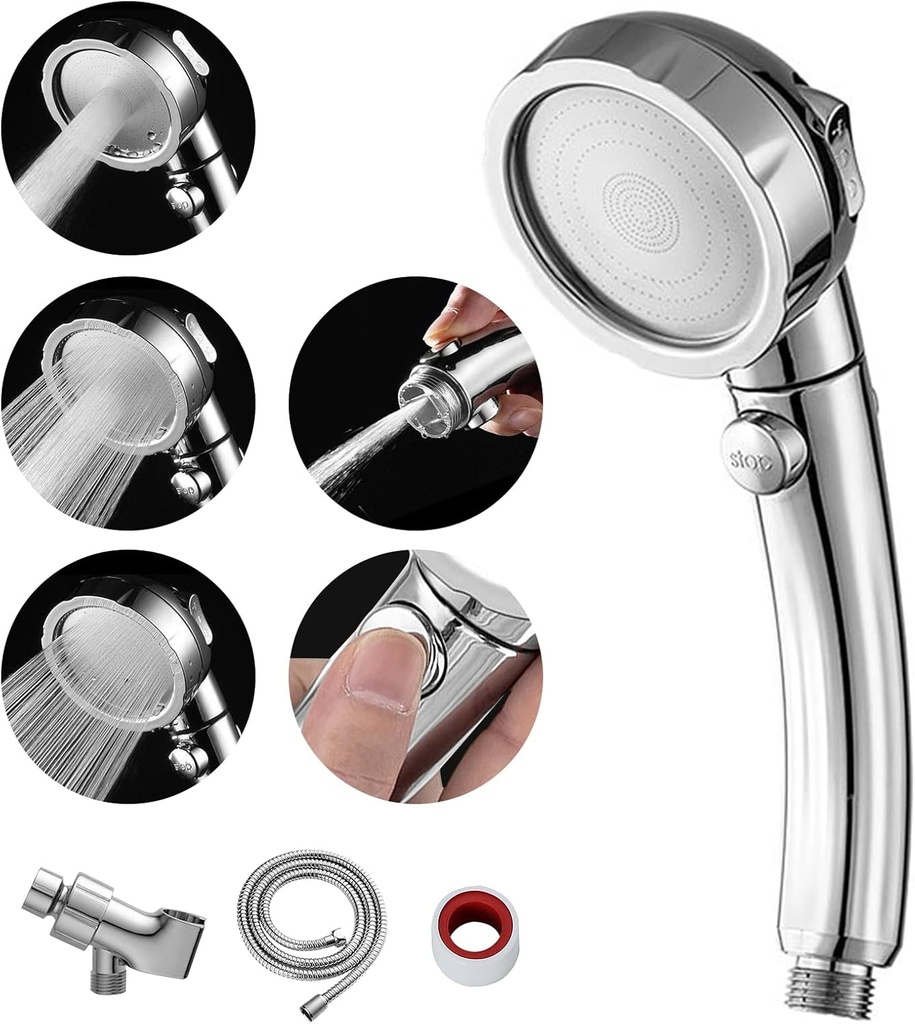 MIAOHUI Modern Handheld Shower Head with On Off Switch, High Pressure Shower Head with Handheld, 3 Spray Settings Removable Shower Head with Hose, Angle Adjustable Shower Bracket, Teflon Tape (Chrome)