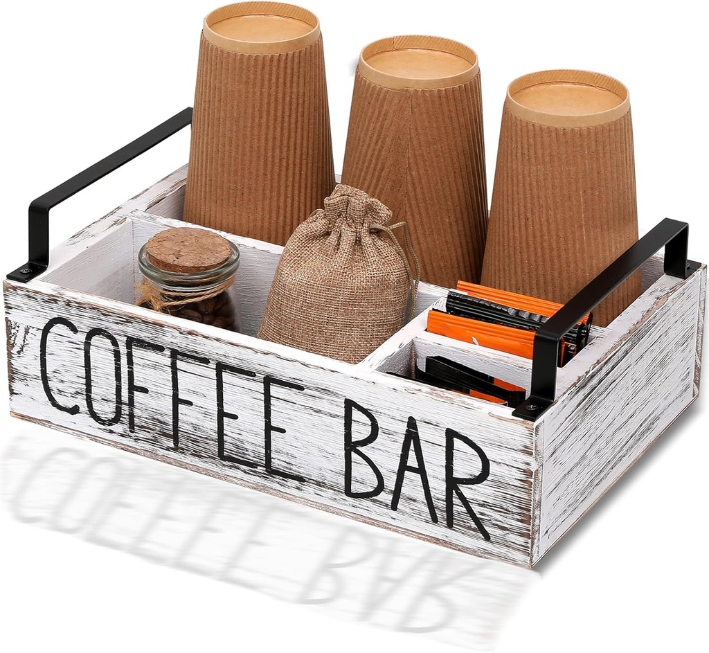 LYJWOO6D Coffee Station Organizer Wooden Coffee Pod Holder and Bar Accessories for Countertop,Farmhouse Kcup Pod Holder Organizer with Handle,Tea Condiment storage Box Decor-Rustic White