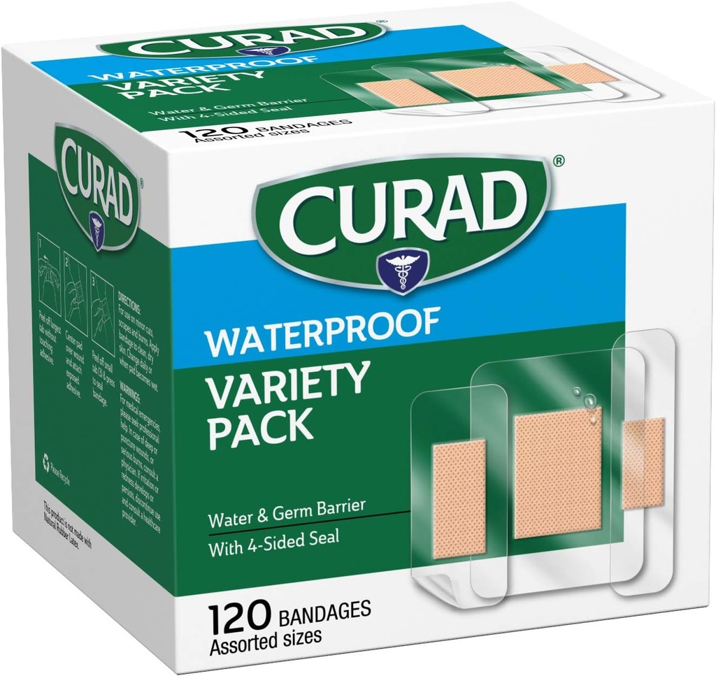 Curad Waterproof Bandage Variety Pack, 3 Styles Included; Assorted Size, 120 Bandages