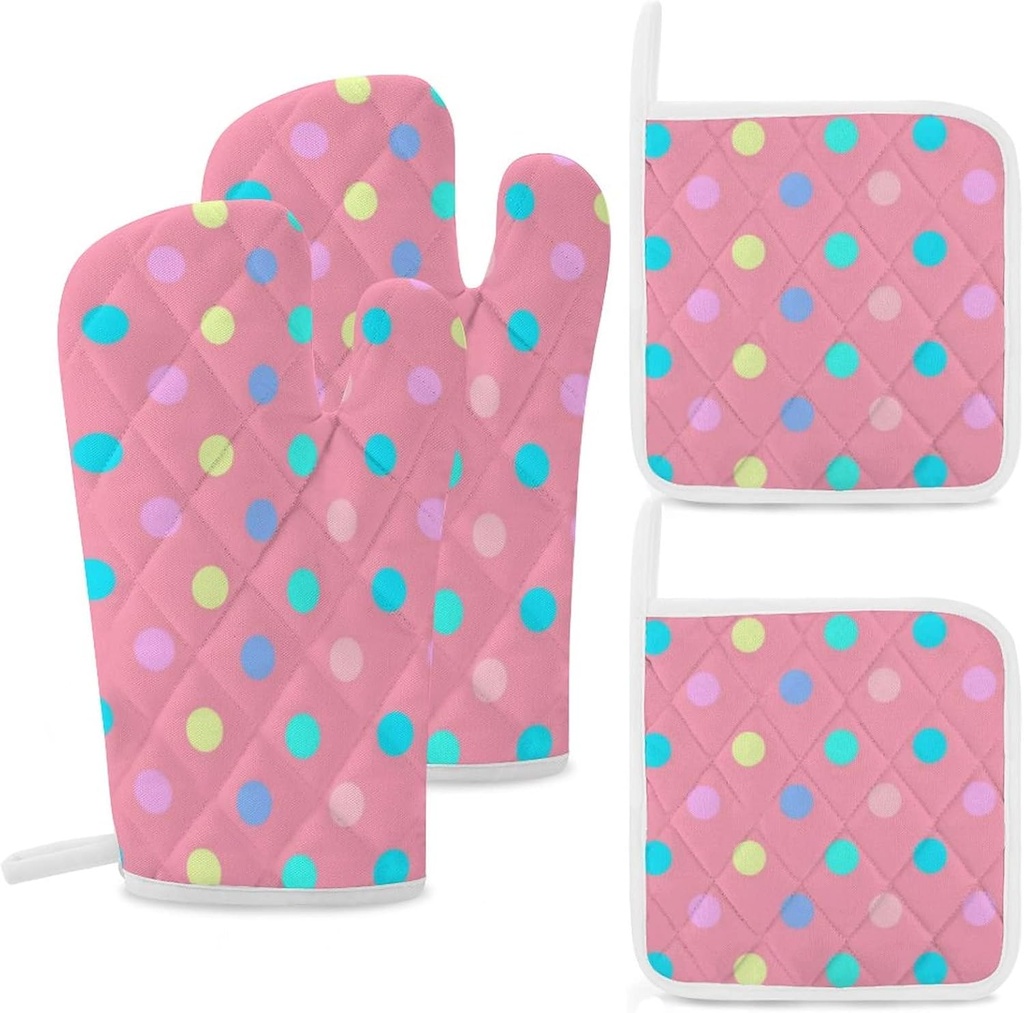 4PCS Oven Mitts Glove Kitchen Heat Resistant Pot Holders Set Pastel Dots On Pink Kitchen Microwave Oven Gloves Mitts Anti-Scald Baking Cooking Gloves